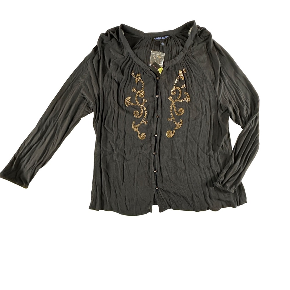 Code Bleu Womens L Black Long Sleeve Button-Up Top Gold Aztec accent Gauzy Indie